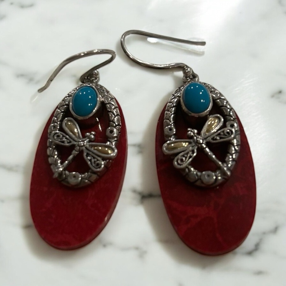 Sterling silver 18 K coral and sleeping beauty earrings with dragonfly
